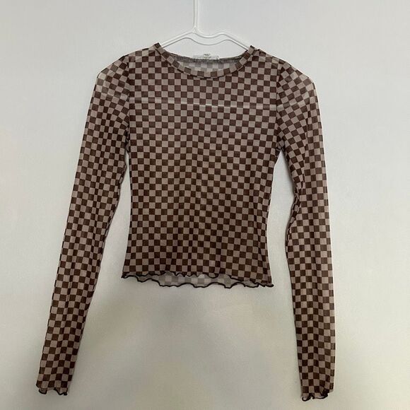 12th Tribe Checkerboard Mesh Top Women’s Size S Brown Tan Long Sleeve - Picture 1 of 6